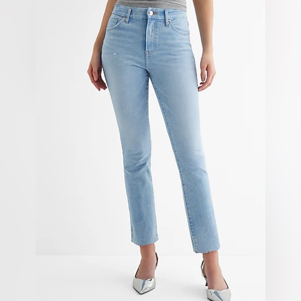 High Waisted Light Wash Raw Hem FlexX Cropped Flare Jeans Express